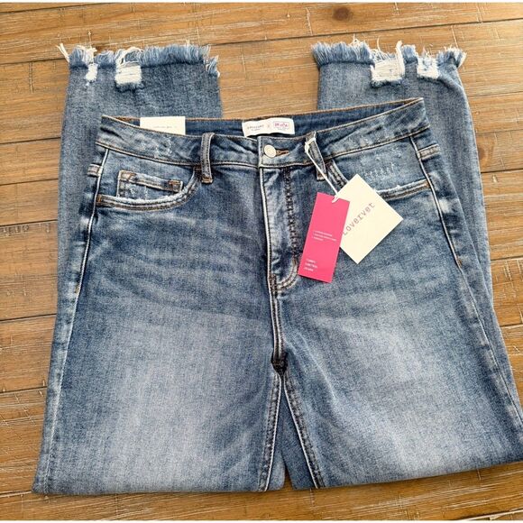 Vervet Denim - Forever 21 Women's Straight Leg Jeans with Frayed Hem - Medium Blue